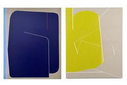 Isabelle Borges, BLUE, 2022, Acryl auf Leinen, 110×90 cm (links); AFFECTIVE MEMORIES 1, Acryl auf Leinwand, 155×145 cm (rechts)