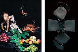 Nadin Maria Rüfenacht, HELDEN (Triptychon Teil 1, aus der Serie NATURE MORTE 1), 2005, Lambda-Print, 125 x 100,5 cm (links); OKINAVA, aus der Serie BATAILLE, 2015, C-Print, 140 x 100 cm (rechts)