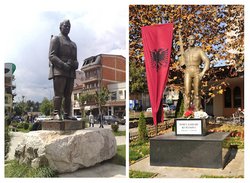 linkes Bild: Denkmal des Partisanen Cede Filipovski Dame in Gostivar, Makedonien. Quelle: Open Source; rechtes Bild: Denkmal des UÇK-Kämpfers Ismet Jashari in Prizren, Kosovo. Quelle: Tobias Strahl