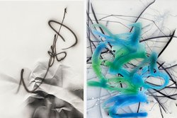 Sophia Schama, OHNE TITEL, 2021, Acryl auf Papier, 30 x 40 cm (links); OHNE TITEL, 2021, Acryl auf Leinwand, 90 x 70 cm (rechts)