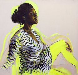 Kathrin Landa, Frau in gestreiftem Kleid, 2019, Öl/Acryl auf Leinwand, 90×100 cm.